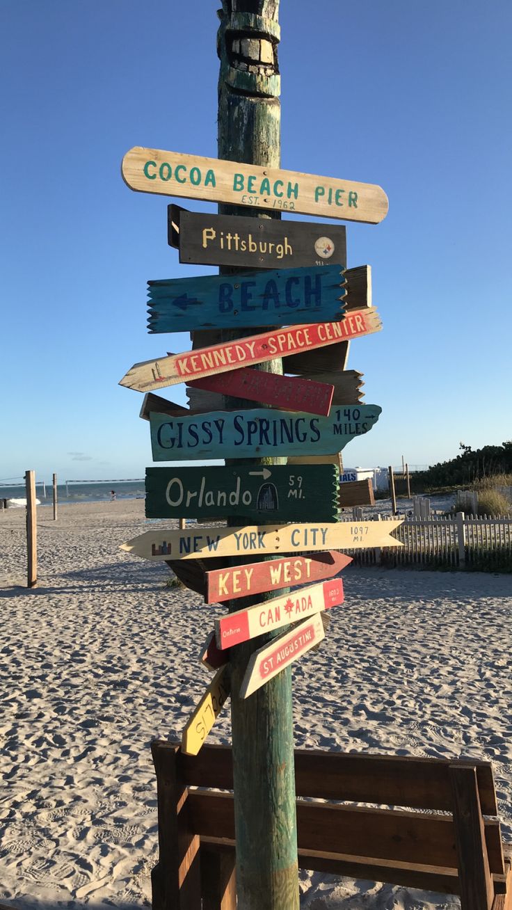 a wooden sign post on the beach with many signs attached to it's sides