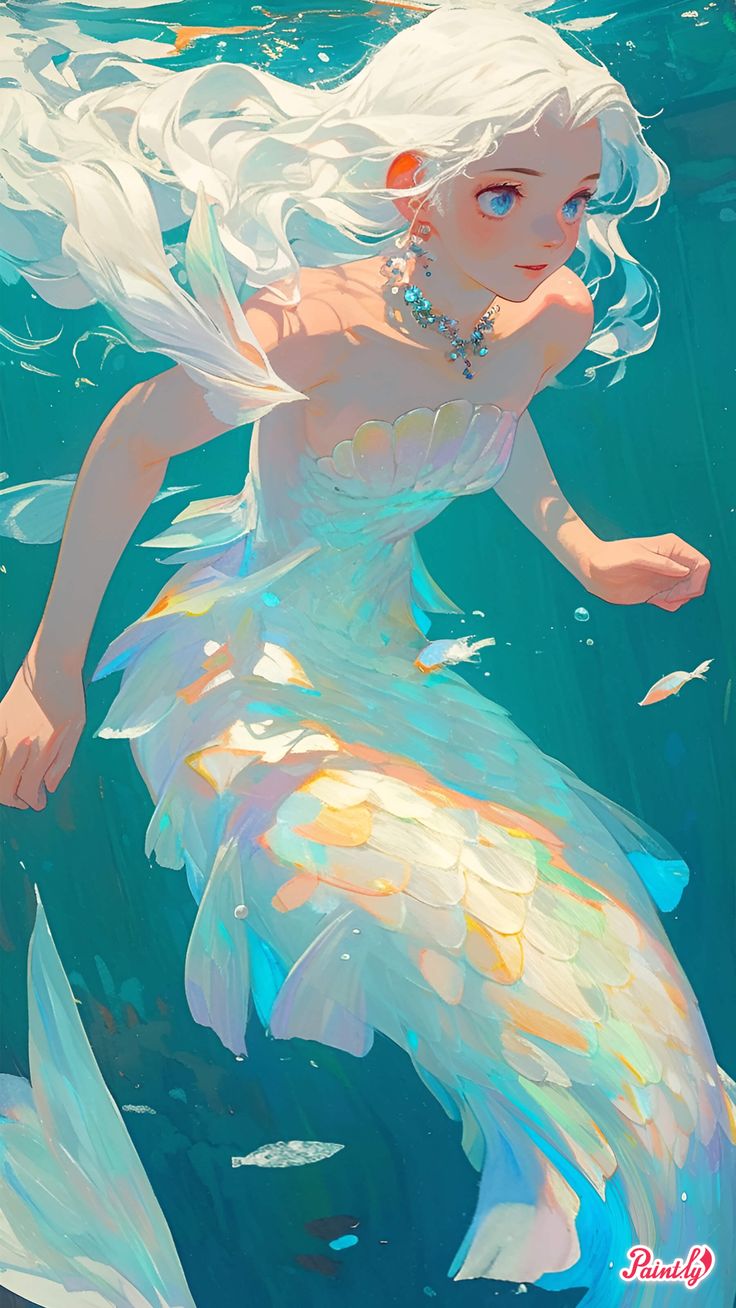 a painting of a mermaid with white hair and blue eyes swimming in the ocean water