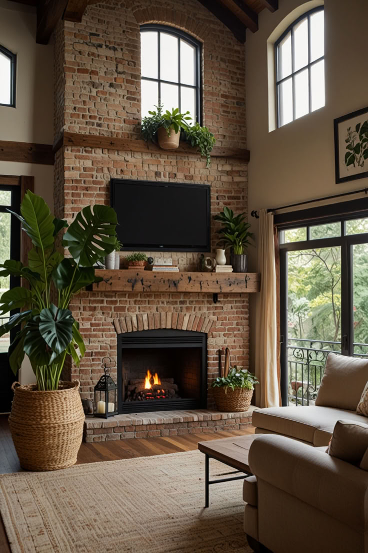 minimalist living room ideas, living room decor ideas, living room design ideas, modern living room ideas, small living room ideas, living room furniture ideas, living room plants, indoor plants, houseplants, living room with plants, white couch living room, brick fireplace living room, woven basket living room decor Brick And Cement Fireplace, Cozy House With Fireplace, Red Brick Fireplace Wood Paneling, Fireplace Decor Aesthetic, Tv In Living Room Ideas With Fireplace, Covered Brick Fireplace, Wood Floors With Red Brick Fireplace, Living Room Fireplace Brick, Fireplace Next To Doorway