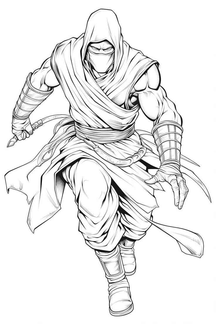 a drawing of a ninja in black and white with the hood up, holding two swords