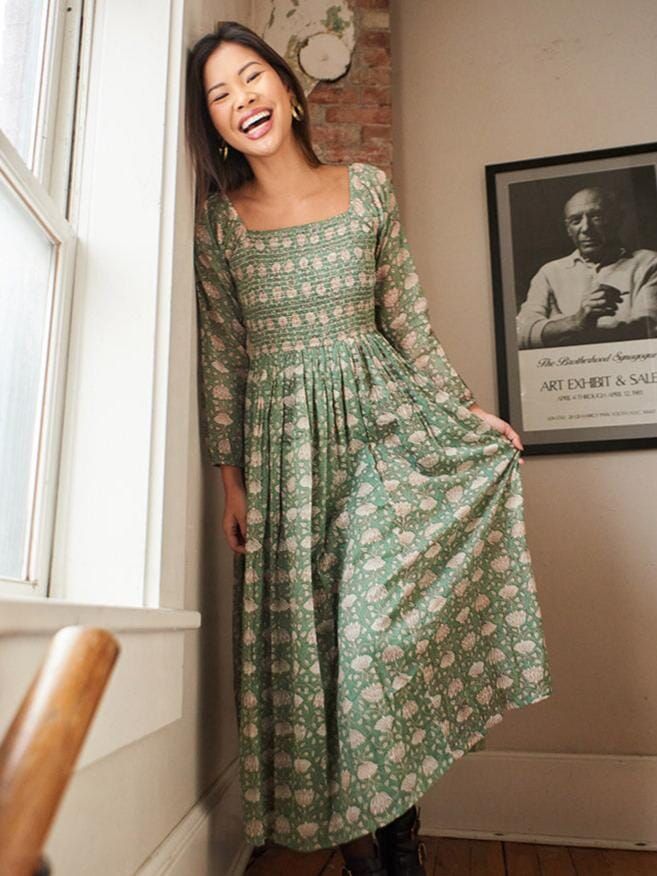 Peasant Cotton Dress With Smocked Cuffs, Aegean Teal, Pretty Sleeves, Midi Dress Pattern, Cottage Dress, Hand Dress, Dress With Long Sleeves, Hand Screen Printed, Desi Fashion