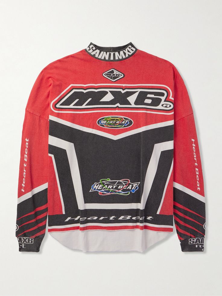 the back of a red and black jacket with an image of a racing team on it