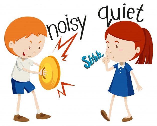 two people who are talking to each other with the words noisy and quiet on them