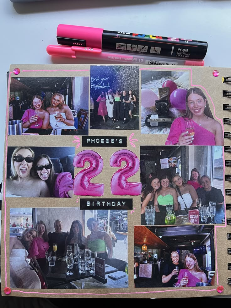 an open notebook with photos and pink markers on the pages that say twenty two birthday