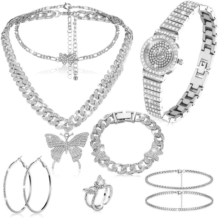 8 Pcs Butterfly Jewelry Set Rhinestone Link Chain Necklaces Pendant Bracelet Diamond Watch Hoop Earrings Ring Silver Accessories for Women Hip Hop Jewelry Product Details Package Dimensions ‏ : ‎ 7.09 x 3.54 x 0.63 inches; 7.05 ounces Department ‏ : ‎ womens Date First Available ‏ : ‎ June 12, 2024 Manufacturer ‏ : ‎ Landical Country of Origin ‏ : ‎ China Brand, Seller, or Collection Name: Landical Metal: alloy, rhinestones Material: alloy, rhinestones Gem Type: alloy, rhinestones Ring size: 6-6.5 Number of stones: 9 Features: Ideal gift option: Presented in beautiful packaging, our total necklace earring set makes for the ideal gift for a loved one. You can surprise them with this stunning collection to celebrate birthdays, anniversaries, or any special occasion where you want them to fee Butterfly Jewelry Set, Butterfly Necklaces, Silver Jewelry Accessories, Ocean Inspired Jewelry, Simple Hoop Earrings, 5 Number, Walmart Jewelry, Party Outfit Ideas, Small Business Inspiration