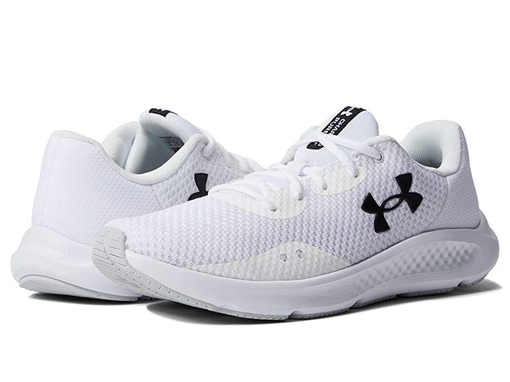 Under Armour Charged Pursuit 3 - Men's Shoes : White/White/Black : Get ready your feet for enhanced comfort and optimum traction wearing Under Armour Charged Pursuit 3 footwear. Enjoy modern technology and give speed to your feet wearing Under Armour Charged Pursuit 3 footwear. Breathable mesh upper. Textile lining and insole. Perforated mesh and textile upper. Charged Cushioning midsole uses compression molded foam for ultimate responsiveness. Textile lining and cushioned footbed. Round protect Under Armour Workout Sneakers With Cushioned Footbed, Under Armour Breathable Sneakers For Workout, Breathable Under Armour Sneakers For Workout, White Functional Slip-resistant Running Shoes, Under Armour Breathable Running Shoes For Workout, Breathable Under Armour Running Shoes For Workout, Functional Running Shoes With Breathable Engineered Mesh, Slip-resistant Synthetic Running Shoes For Workout, Sporty Under Armour Running Shoes For Workout