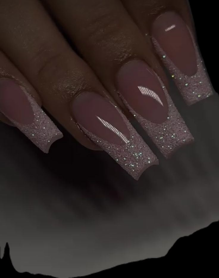 Pink Sparkly Nails Coffin, Buchi Fresa Background, Nail Inspo Coffin With Gems, Coffin French Tip Nails With Glitter, Glitter Pink Nails French Tip, Pink Silver Prom Nails, Coffin Shape French Tip Nails Glitter, Birthday Nail Inspo Coffin, New Years Nails Ballerina