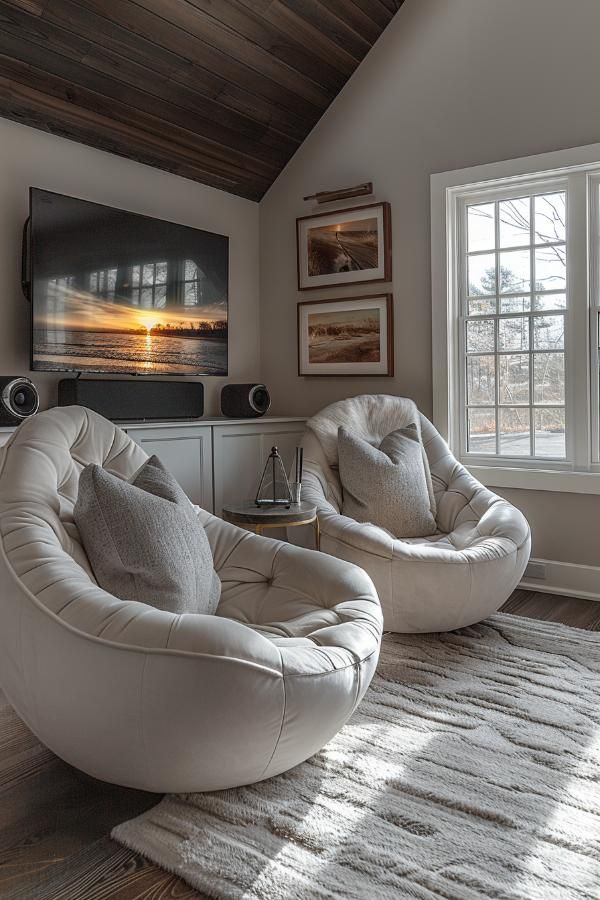 two white chairs sitting in front of a window next to a wall with pictures on it