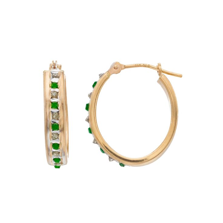 Diamond accents and emerald gemstones add the perfect sparkling touch to these remarkable Diamond Fascination 14k gold hoop earrings. Click on this JEWELRY & WATCHES GUIDE to learn about fit, styles, materials and more! Diamond accents and emerald gemstones add the perfect sparkling touch to these remarkable Diamond Fascination 14k gold hoop earrings. Click on this JEWELRY & WATCHES GUIDE to learn about fit, styles, materials and more! FEATURES Size: 14 mm x 12 mm Total weight: 1.14 grams Backin Elegant Yellow Gold Emerald Hoop Earrings, Elegant Emerald Yellow Gold Hoop Earrings, Classic Hoop Gemstone Jewelry, Classic Gemstone Hoop Jewelry, Yellow Gold Emerald Hoop Earrings For May Birthstone, Emerald Yellow Gold Hoop Earrings For May Birthstone, Elegant Small Hoop Green Earrings, Green Hoop Jewelry For Formal Occasion, Green Hoop Jewelry For Formal Events