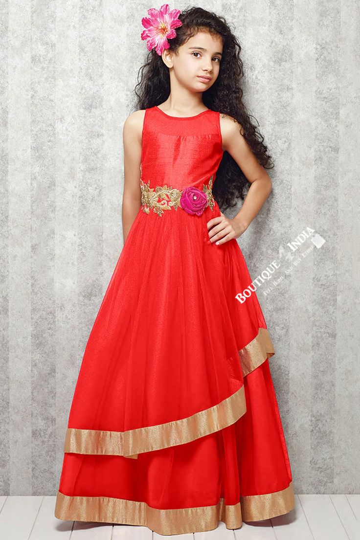 Girl's - Orange With Golden Casual Gown/Dress - Gilr's Casual And Party Collection Gowns Sleeveless Christmas Fancy Dress, Sleeveless Princess Dress For Wedding And Festive Occasions, Festive Sleeveless Princess Dress For Wedding, Festive Sleeveless Wedding Princess Dress, Red Gown For Fancy Dress Occasions, Festive Full-length Prom Dresses, Red Ball Gown For Fancy Dress, Festive Full Length Prom Dresses, Sleeveless Ball Gown For Christmas Party