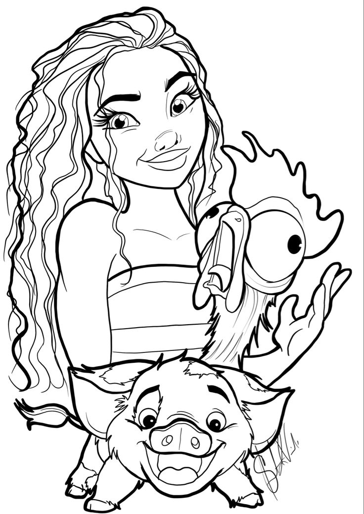 a girl holding a baby pig and an adult pig in her arms coloring page for kids