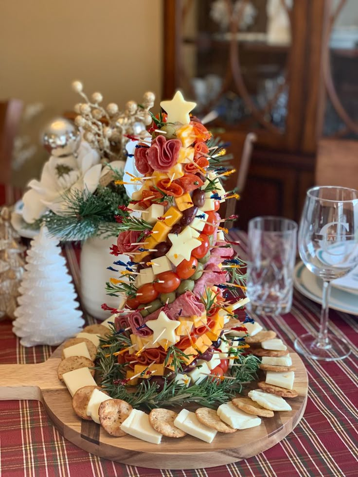 a christmas tree made out of crackers on a table