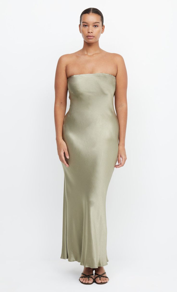 Moon Dance Strapless Bridesmaid Dress in Sage Green by Bec + Bridge Sleek Bias Cut Floor-length Dress, Sleek Full-length Bias-cut Maxi Dress, Sleek Floor-length Bias Cut Dress, Silk Bias Cut Full-length Maxi Dress, Full Length Bias Cut Maxi Dress For Night Out, Sleek Fitted Bias Cut Maxi Dress, Full Length Bias Cut Maxi Dress, Full Length Bias Cut Maxi Evening Dress, Full-length Bias Cut Maxi Dress For Gala