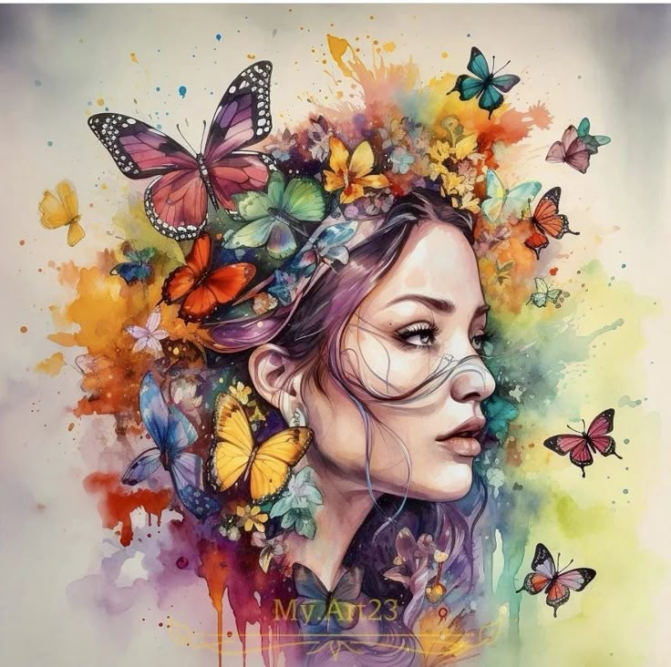 a painting of a woman with butterflies on her head