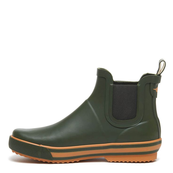 Slide on Rainbow, a slick green women's Chelsea boot with a treaded sole and pop of orange color along the footbed. Perfect for rainy days calling for a modern look. Rocket Dog women's rain boot Olive green rubber upper with orange stripes on footbed Heel loop for easy on and off Treaded sole Rubber surrounding footbed Round toe Ankle rise shaft Green Waterproof Boots For Rainy Weather, Green Rubber Sole Rain Boots For Outdoor, Green Insulated Waterproof Boots With Round Toe, Green Weatherproof Outdoor Boots, Green Insulated Boots With Round Toe, Green Weatherproof Waterproof Boots For Fall, Green Waterproof Boots For Fall, Waterproof Green Boots For Outdoor, Casual Insulated Green Rain Boots