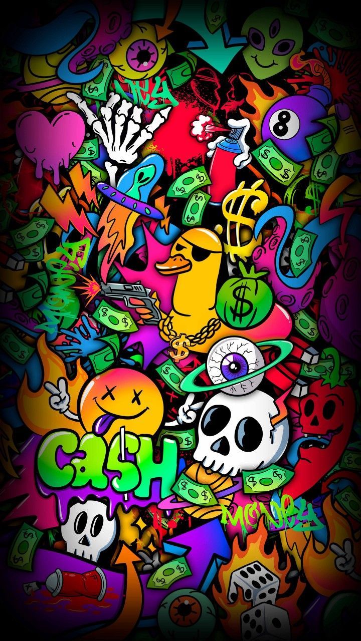 colorful graffiti art with lots of skulls and other items in the shape of letters on black background