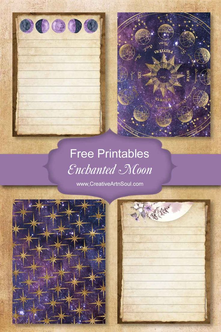 four paper sheets with stars and moon designs on them, all lined up in purple