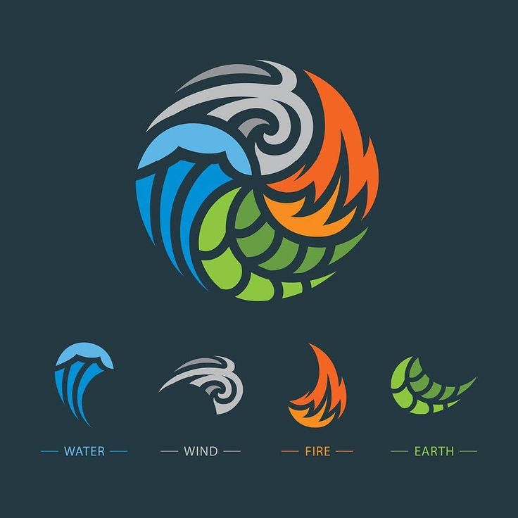 the logo for water, fire and earth is shown in four different color variations on a dark background