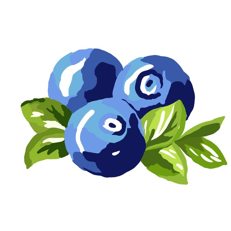 three blueberries with green leaves and one has eyes drawn on it's side