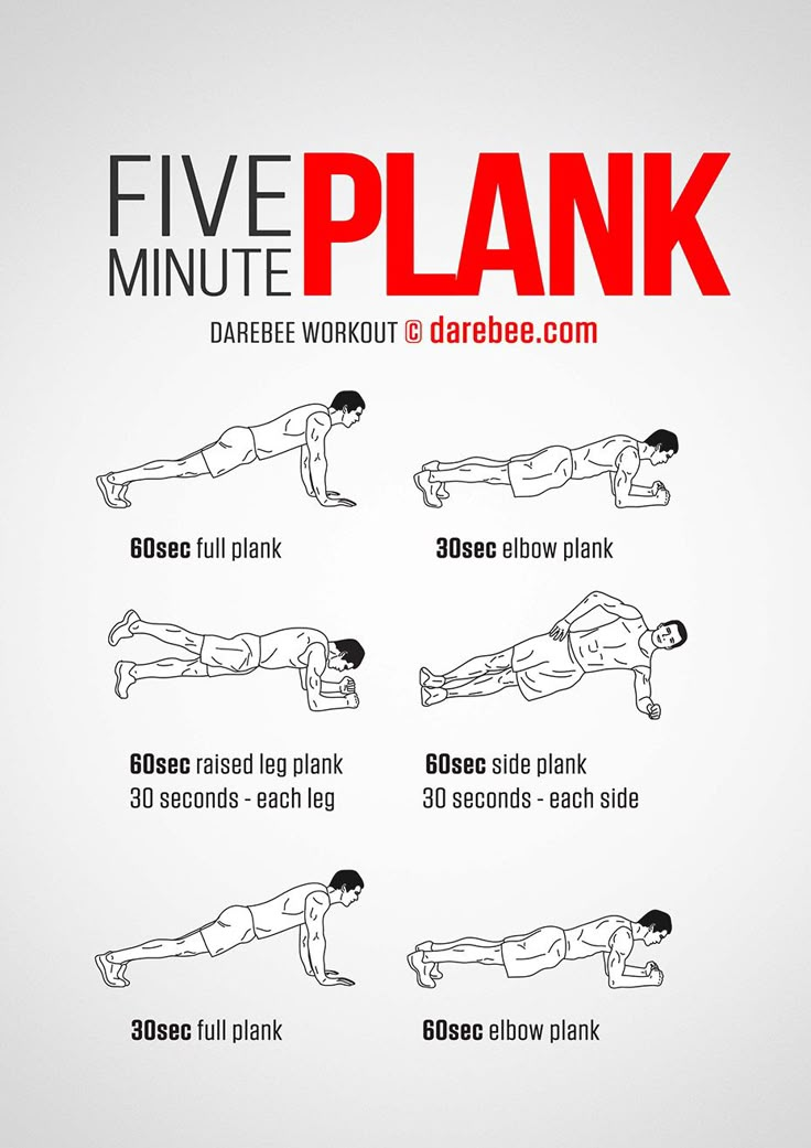 the five minute plank workout is shown in red and black, with instructions on how to do