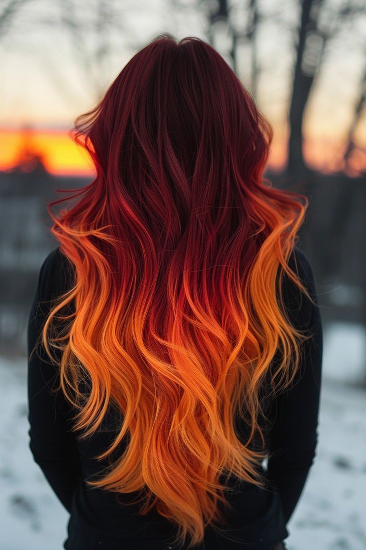 Red To Orange Ombre Hair, Fire Hair Color, Red And Orange Hair, Fire Ombre Hair, Orange Ombre Hair, Sunset Hair Color, Cheveux Oranges, Ombre Hairstyles, Sunset Hair