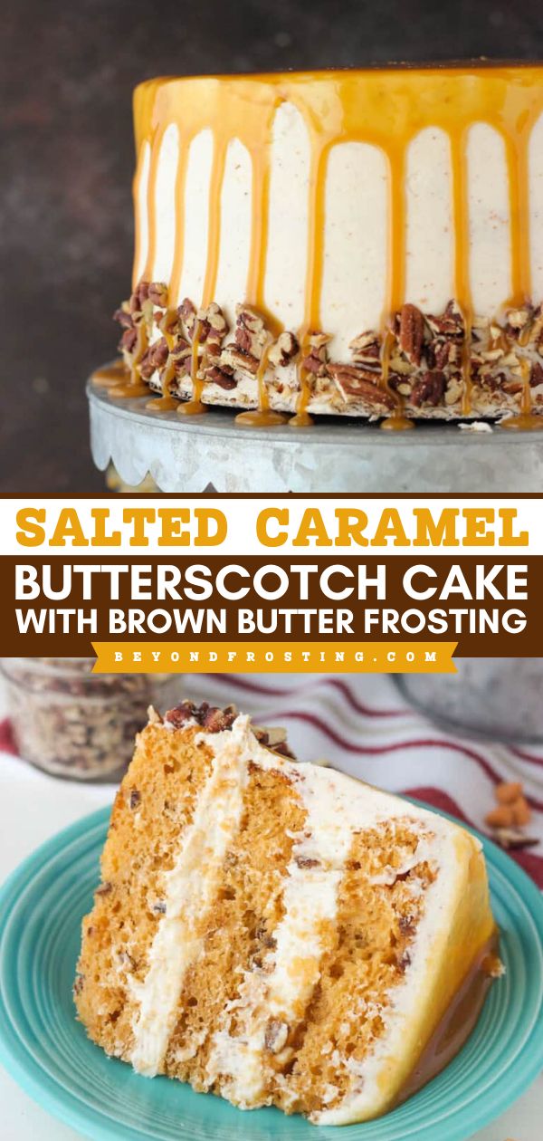 What your holiday baking list needs! With plenty of salted caramel goodness plus a brown butter frosting, this easy butterscotch cake recipe is the BEST. Such a decadent sweet treat! Save this Christmas dessert idea! Salted Caramel Butterscotch Cake, Butterscotch Ice Cream Cake, Caramel Butterscotch Cake, Specialty Cakes Recipes, Butterscotch Cake Designs, Fall Cakes Recipes, Salted Caramel Kentucky Butter Cake, Butterscotch Cake Recipe, Dessert Potluck