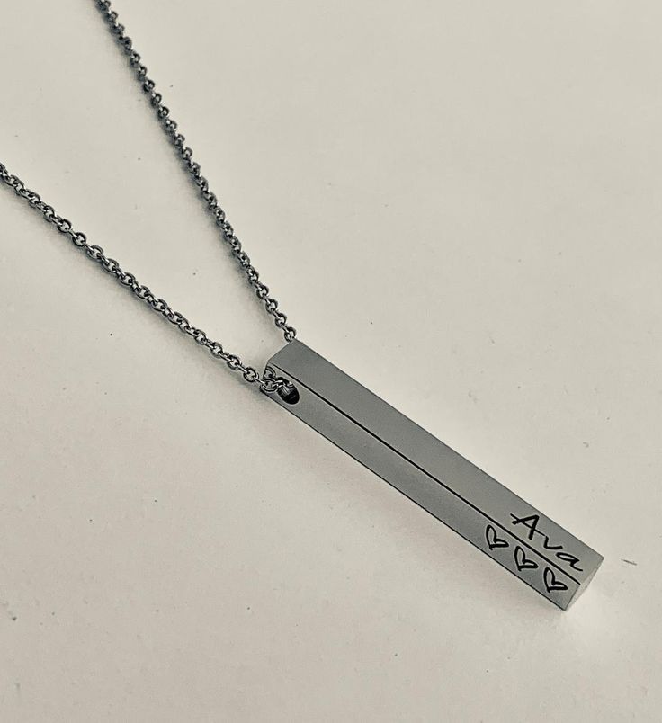 "This listing is for ONE 3D stainless steel necklace. It is available in stainless steel, or rose gold or gold plated stainless steel, with a coordinating chain. The chain is available in 18\", 20\", 22\" or 24\". I can engrave each side of the bar( 5x40mm) with a name, date, coordinates, short quote or message, Bible verse reference, etc. In the personalization box, you will enter what to engrave on each side of the bar. Front Left Right Back For example: Front NLS Left I Love You Right Lauryn Adjustable Stainless Steel Necklace For Mother's Day, Everyday Stainless Steel Necklace For Mother's Day, Stainless Steel Charm Necklaces For Mother's Day, Mother's Day Stainless Steel Charm Necklace, Everyday Stainless Steel Charm Necklace For Mother's Day, Everyday Stainless Steel Charm Necklaces For Mother's Day, Minimalist Stainless Steel Jewelry For Mother's Day, Everyday Adjustable Stainless Steel Charm Necklace, Hypoallergenic Stainless Steel Necklace For Anniversary