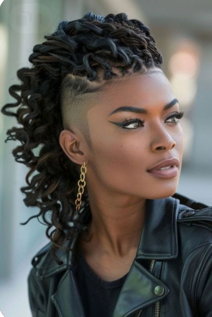 Locs With Faded Sides Women, Braids With Mohawk Hairstyles, Crochet Braids Shaved Sides, Mohawk Crochet Hairstyles, Mohawk Locs For Women, Dredlocs Style Woman, Crochet Braids With Shaved Sides, Mohawk Braid Styles, Braided Mohawk Hairstyles