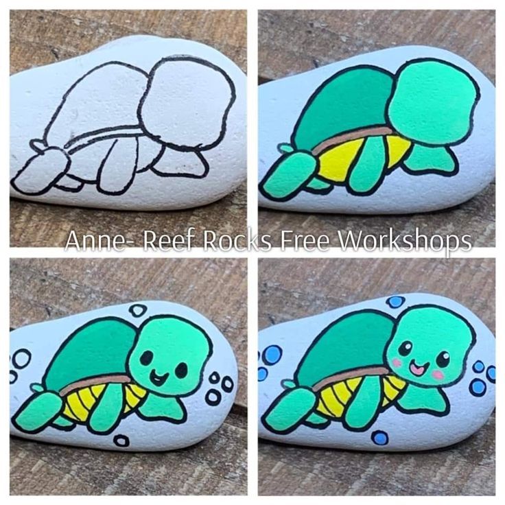 four pictures of sea turtle painted on rocks