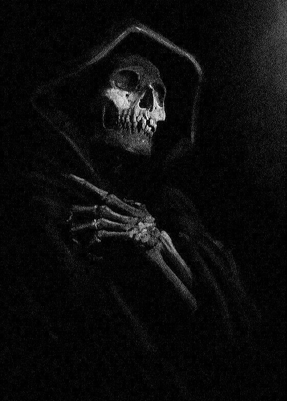 a skeleton wearing a hooded jacket in the dark with his arms wrapped around him,