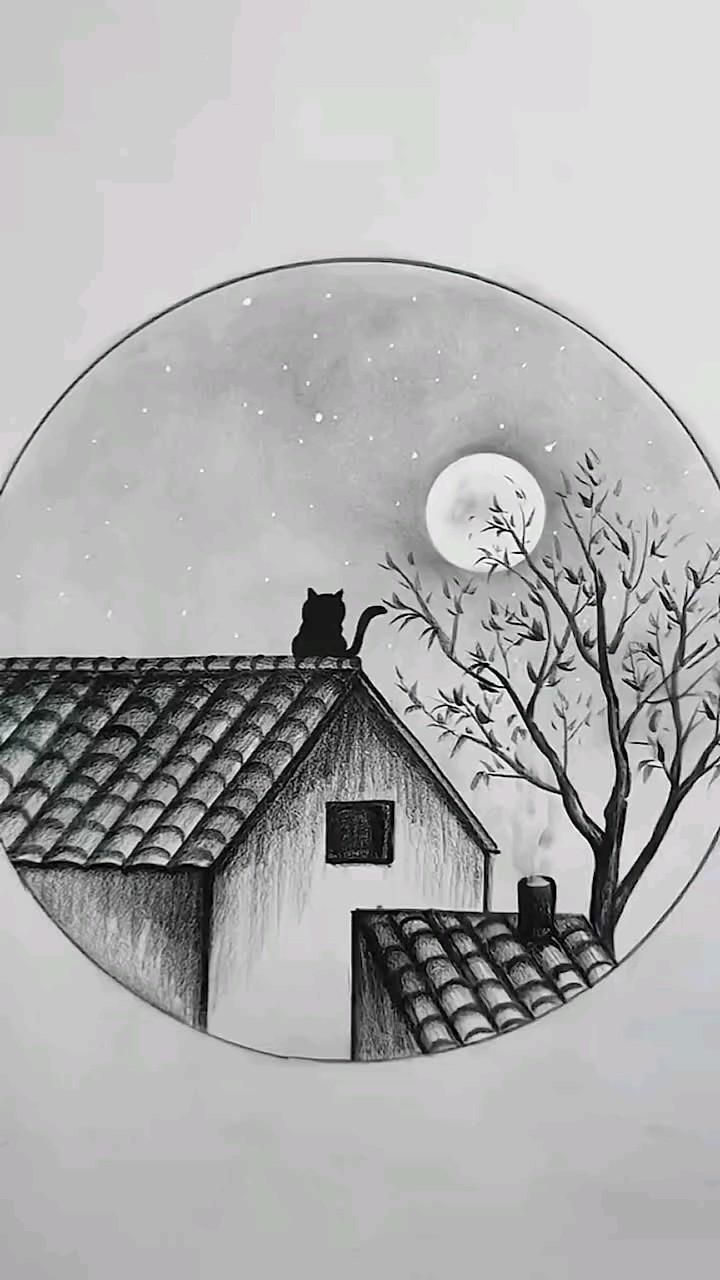 a drawing of a house with a tree and moon in the background