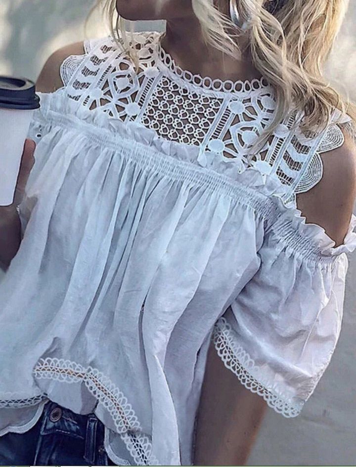 30% OFF JUKPOP Hollow Out Blouse Off Shoulder Lace Ruffle Tops Solid Color Short Sleeve Women Blusas Femininas Clothing JKP2371 - Allkpop Shop Holiday Blouses, Short Sleeve Shirt Women, Ruffle Mini Dress, Womens Tops Summer, Smocked Dress, Shoulder Cut, Loose Blouse, Versatile Dresses, Neck Lace