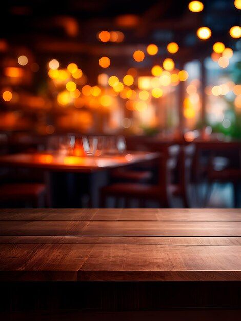 an empty wooden table with blurry lights in the background