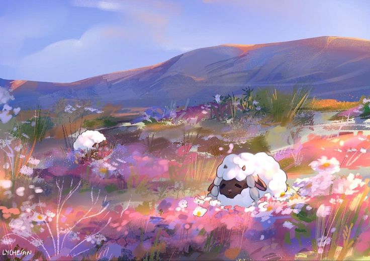 a painting of sheep grazing in a flowery field with mountains in the back ground