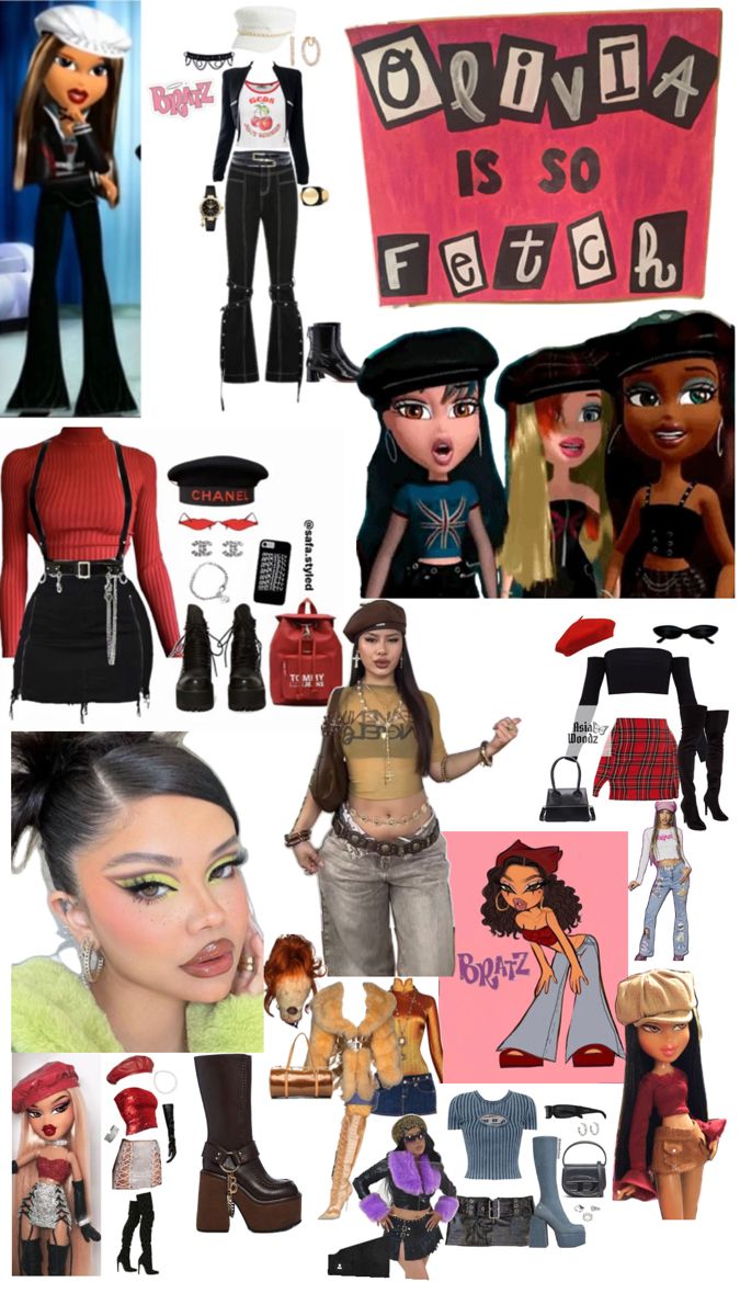 the collage shows many different outfits and accessories for girls with long hair, wearing black boots