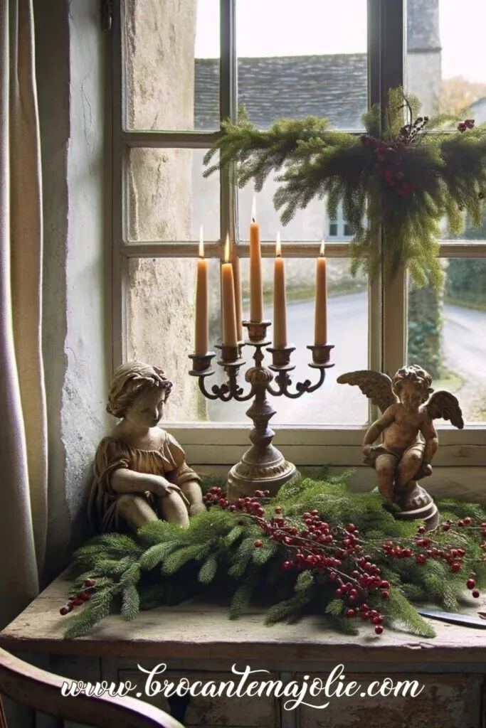 a table with candles and angel figurines on it in front of a window