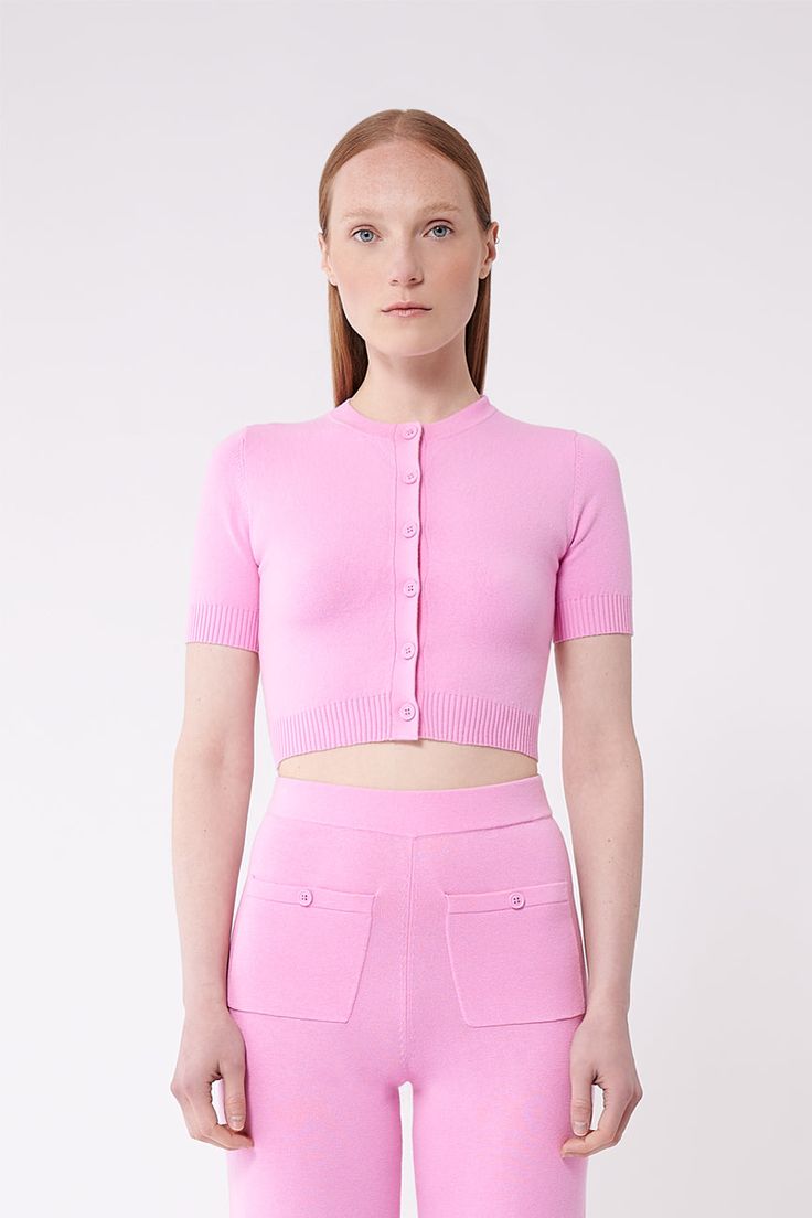 JoosTricot Sweet Pink Peachskin Short Sleeve Crop Cardigan Feminine Fitted Crop Top For Loungewear, Pink Cropped Loungewear Bottoms, Pink Cropped Bottoms For Loungewear, Stretch Cropped Pink Bottoms, Trendy Cropped Pink Bottoms, Fitted Cropped Pink Bottoms, Full Look, Cropped Cardigan, Dress First