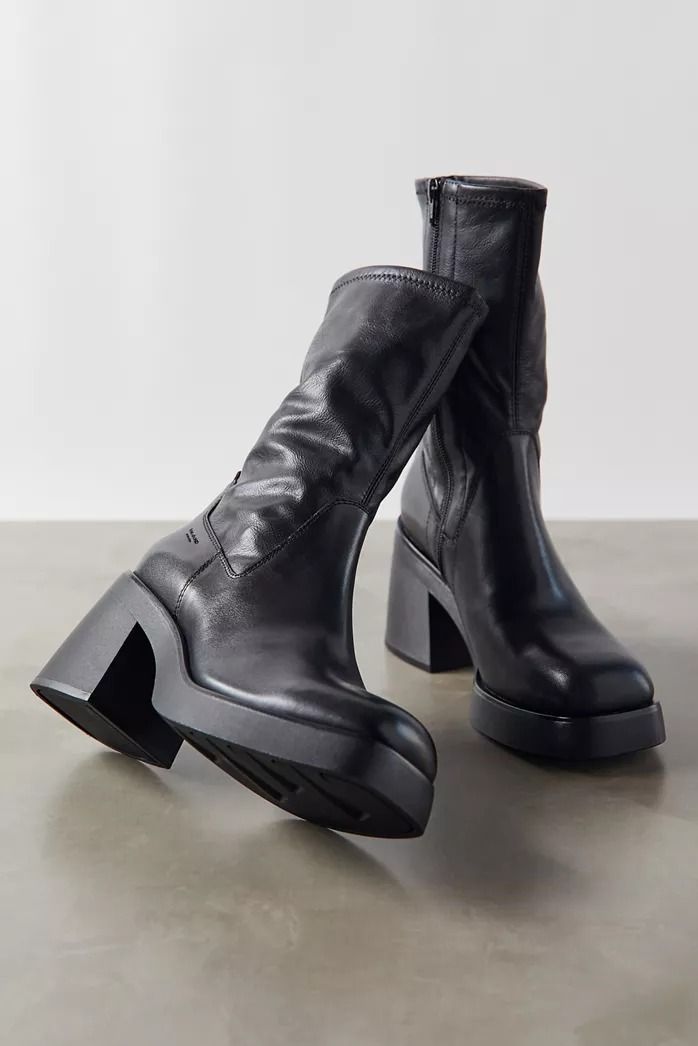 Women's Boots | Flat + Heeled Boots | Urban Outfitters Platform Tall Black Boots, Calf High Boots Platform, Black Ankle Chunky Boots, Black Boots Chunky Heel, Square Toe Platform Boots, Black Platform Boots Outfit, Flat Platform Boots, Platform Black Boots, Platform Chunky Boots