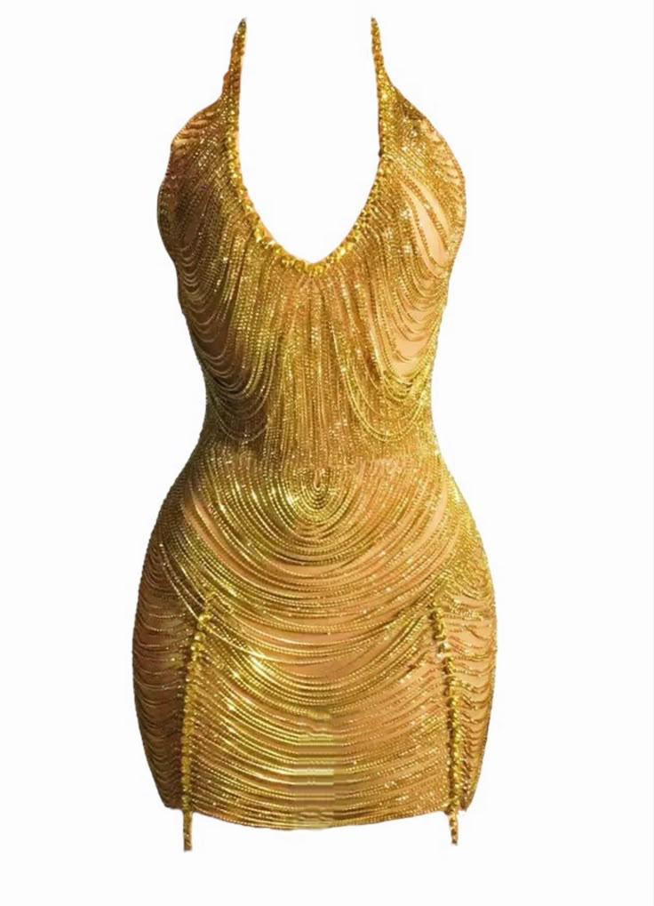 Golden rhinestone embellished dress with sheer front. Affordable Gold Mini Dress For Clubwear, Luxury Mini Dress With Cutout For Night Out, Cheap Fitted Gold Mini Dress, Luxury Chic Mini Dress For Gala, Luxury Rhinestone Mini Dress For Prom, Luxury Mini Dress With Rhinestones, Glammy Dress Fir Birthdays, Dress Party Night Beginning Boutique, Luxury Elegant Mini Dress With Cutout Back