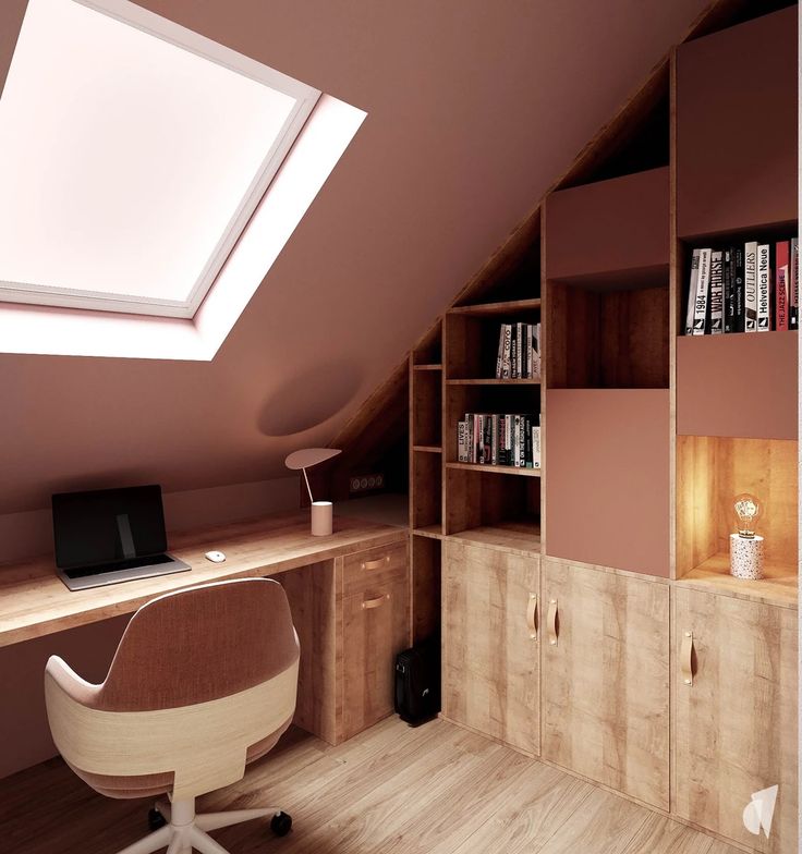 a room with a desk, chair and bookshelf under a slanted skylight