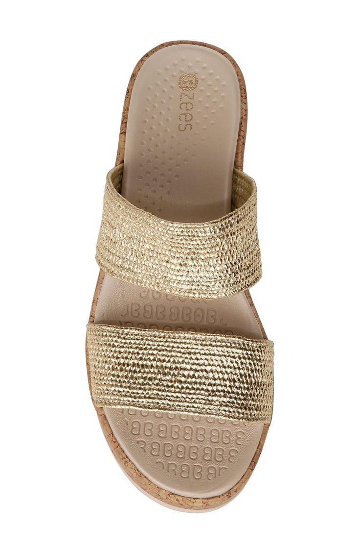 Treat yourself to the resort-ready comfort of this playful slide sandal featuring a duo of playful, woven straps and a chunky wedge heel. An air-infused outsole keeps your stride light and bouncy as the cushy, anatomical footbed cradles each step. Lightweight: puts cushioning and performance underfoot with an emphasis on streamlined comfort Cushioning: absorbs impact and distributes weight for consistent, buoyant comfort under each step 2 1/4" heel; 1" platform Treated with antimicrobial technol