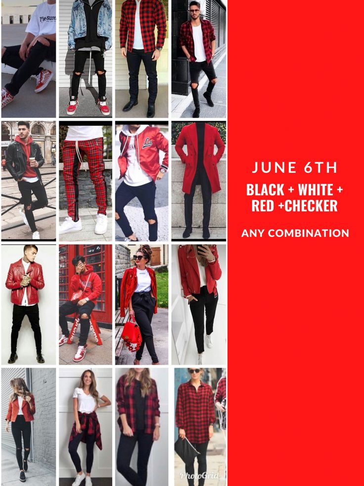 a collage of photos with red and black clothing on them, including plaid shirts