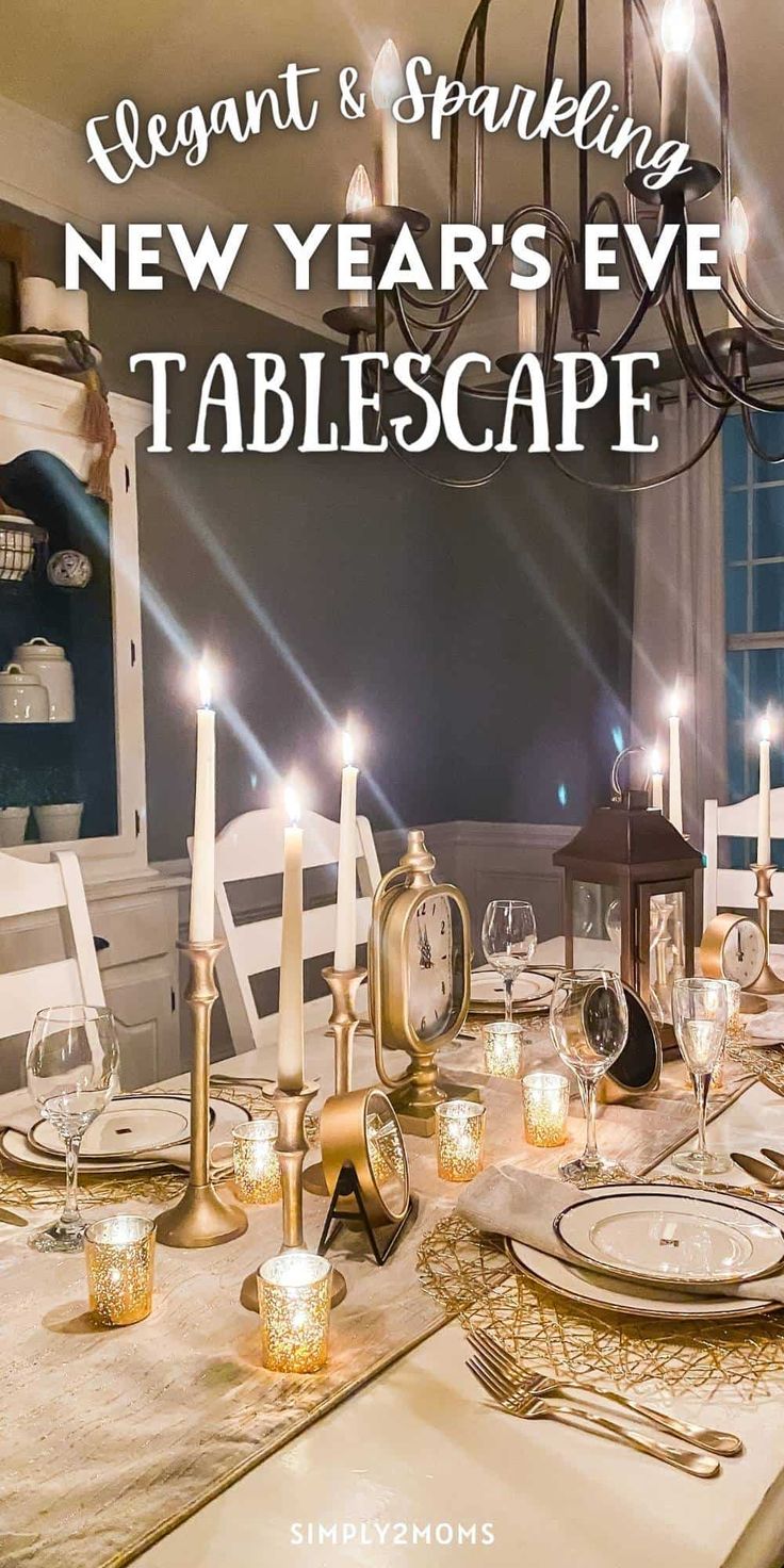 a dining room table set with candles and place settings for new year's eve