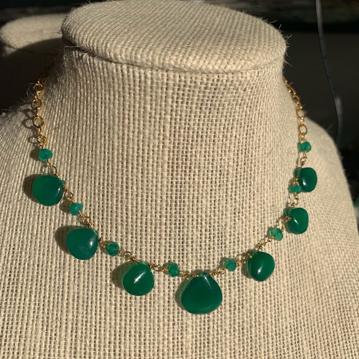 Beautiful Necklace Made Of Genuine Green Onyx Gemstone Natural Gemstone Tear Drops Beads Using 14k Gold Filled Chain Necklace Length Is 16” Inches Elegant Green Onyx Beaded Necklaces With Natural Stones, Elegant Beaded Necklace With Green Onyx And Natural Stones, Gold Necklace With Green Onyx Gemstone Beads, Elegant Green Onyx Bead Necklaces, Green Onyx Jewelry With Natural Stones For Jewelry Making, Elegant Adjustable Emerald Gemstone Necklace, Elegant Jade Necklace With Stones, Green Onyx Round Beads Jewelry, Elegant Green Onyx Gemstone Jewelry