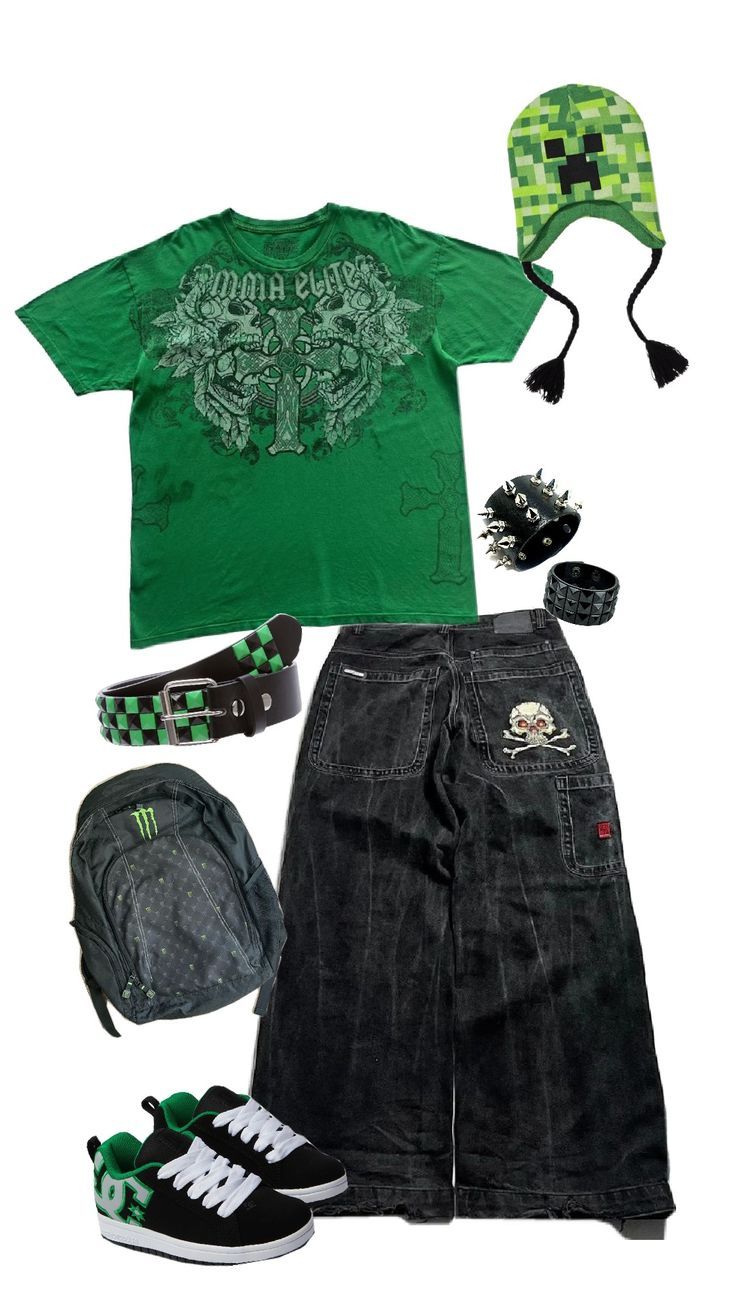 green y2k outfit Green Y2k Clothes, Minecraft Shirt Outfit, Green Goth Clothes, Green 2000s Outfit, Masculine Y2k Outfits, Y2k Fit 2000s, Green Scene Outfit, Green Outfit Y2k, Y2k Green Outfit