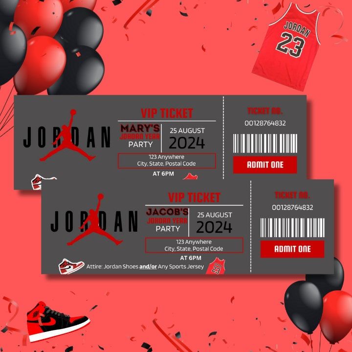 two air jordan basketball tickets with red and black balloons