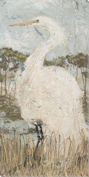 a painting of a white bird standing in tall grass