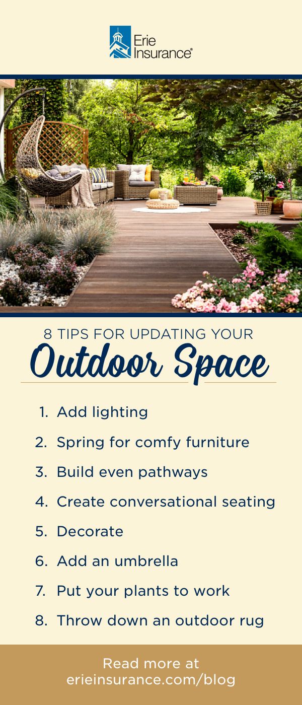 an outdoor space is shown with the text, 8 tips for updating your outdoor space