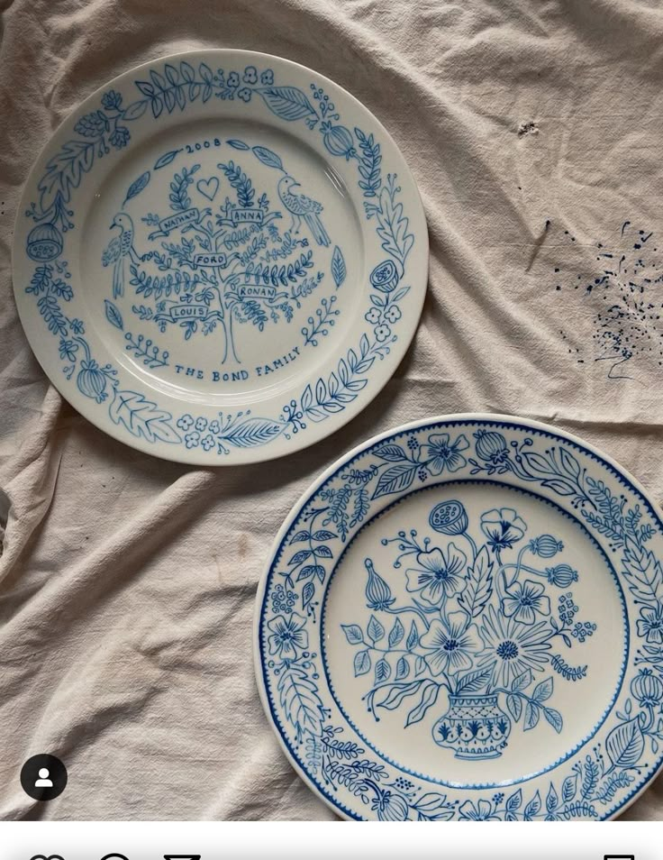 two blue and white plates sitting next to each other on top of a table cloth