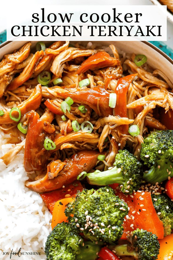 slow cooker chicken teriyaki with broccoli and carrots on top